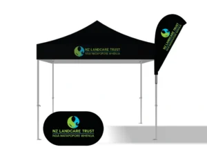 Event branded gazebo 3x3m with a flag banner and pop banner