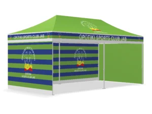 Sports event branded gazebo 3x6m with stripe printing in green