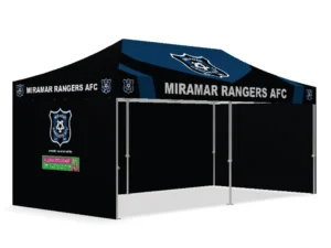 Sports event branded gazebo 3x6m in black for Miramar Rangers AFC