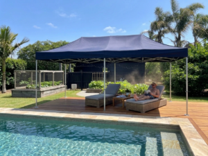 a gazebo in navy used at home poolside