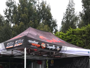 gazebo roof is printed with logos
