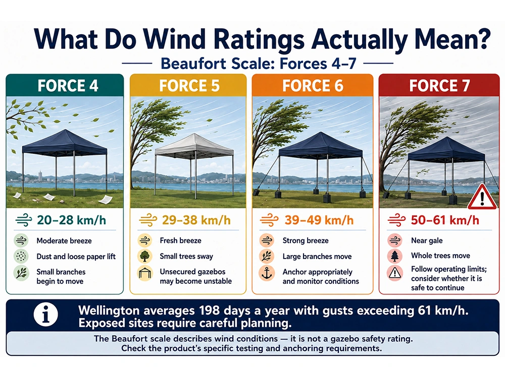 Beaufort scale wind rating infographic showing Force 4 to 7 wind speeds relevant to NZ outdoor events
