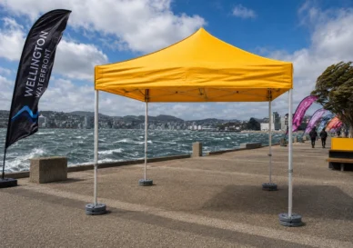 Hercules commercial gazebo standing firm in strong wind at a Wellington waterfront event