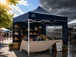 Commercial pop-up gazebo standing steady over a busy outdoor market stall