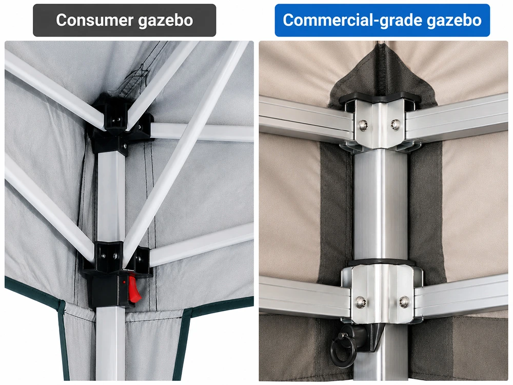 Close-up of a thick commercial gazebo frame connector next to a thin consumer-grade connector