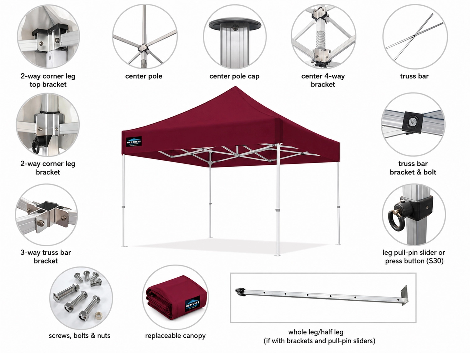 Flat-lay of individual Hercules gazebo spare parts including legs, connectors, and a folded canopy