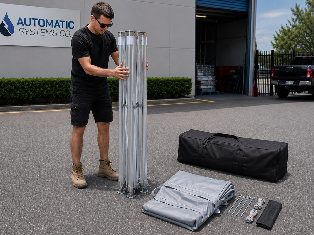 Gazebo frame, canopy, carry bag, and anchoring kit laid out for a pre-season equipment check