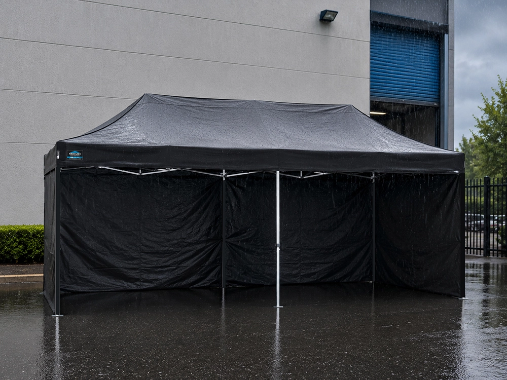 Event gazebo with sidewalls up, staying weatherproof in the rain
