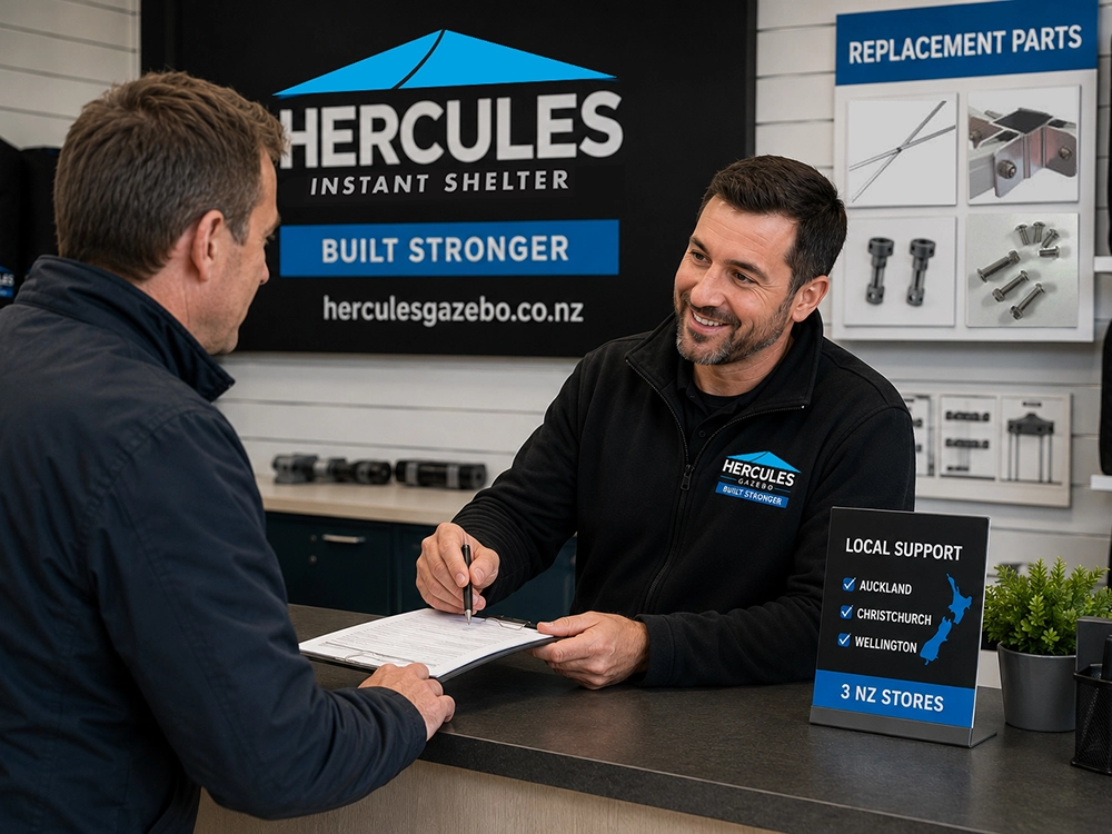 Hercules store staff member helping a customer with a gazebo repair part