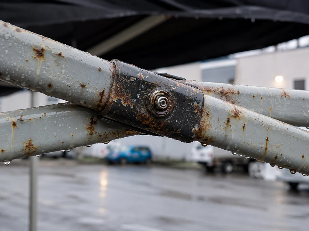 Close-up of rust on a steel gazebo frame joint