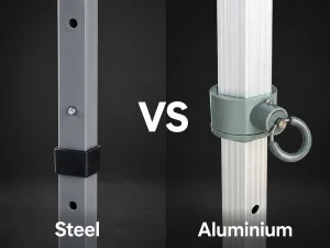 Side-by-side comparison of a steel and an aluminium gazebo frame leg