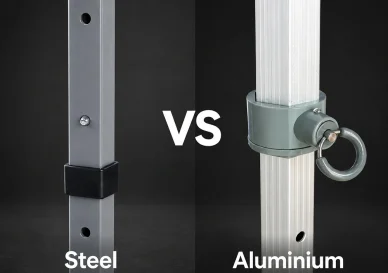 Side-by-side comparison of a steel and an aluminium gazebo frame leg