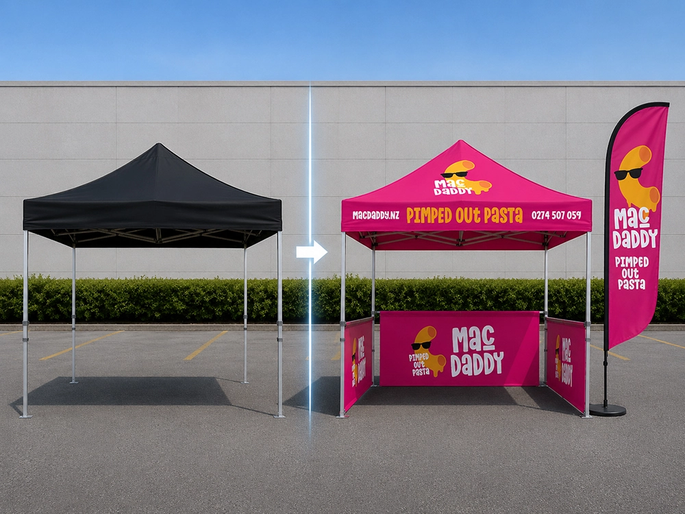 Compact market stall gazebo next to a branded corporate event gazebo setup