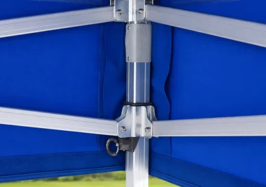 Close-up of a Hercules commercial pop up gazebo aluminium frame connector showing tube diameter and joint quality