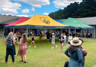 Multiple matching branded school gazebos set up at a New Zealand school gala