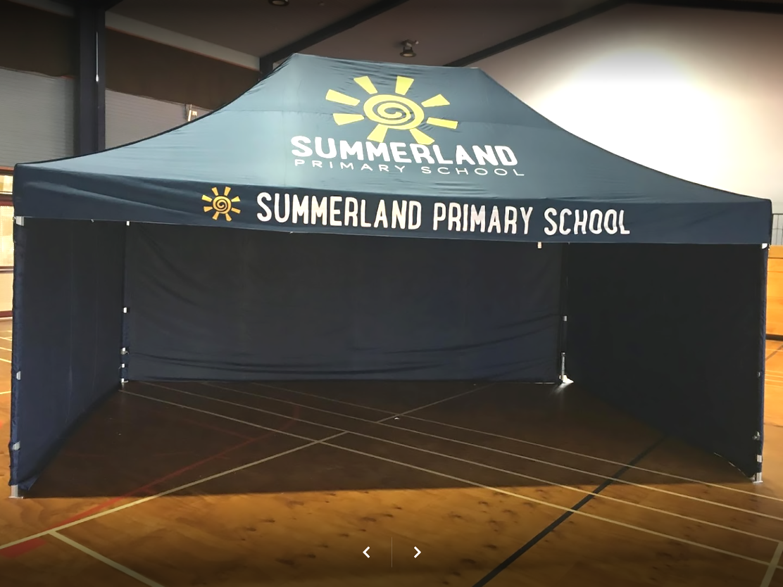 Close-up of a custom printed school crest on a Hercules gazebo canopy
