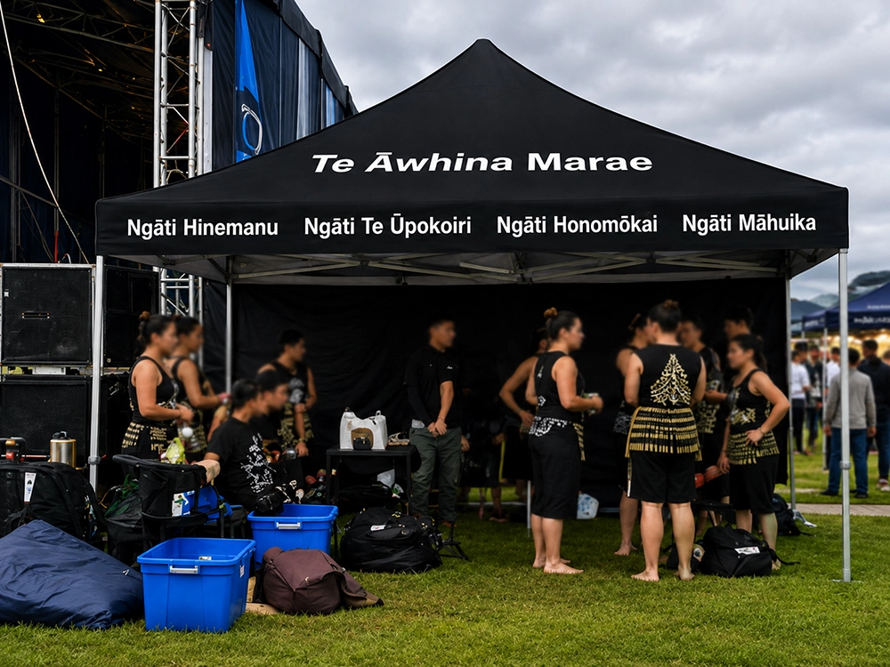Branded gazebo used as preparation shelter at a kapa haka festival in New Zealand
