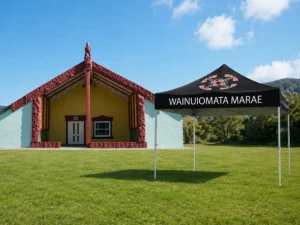 Custom-branded gazebo with Māori cultural insignia set up at a New Zealand community outdoor gathering