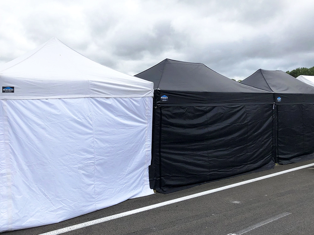 Hercules commercial gazebo with sidewalls closed and correctly anchored at a multi-day New Zealand agricultural show